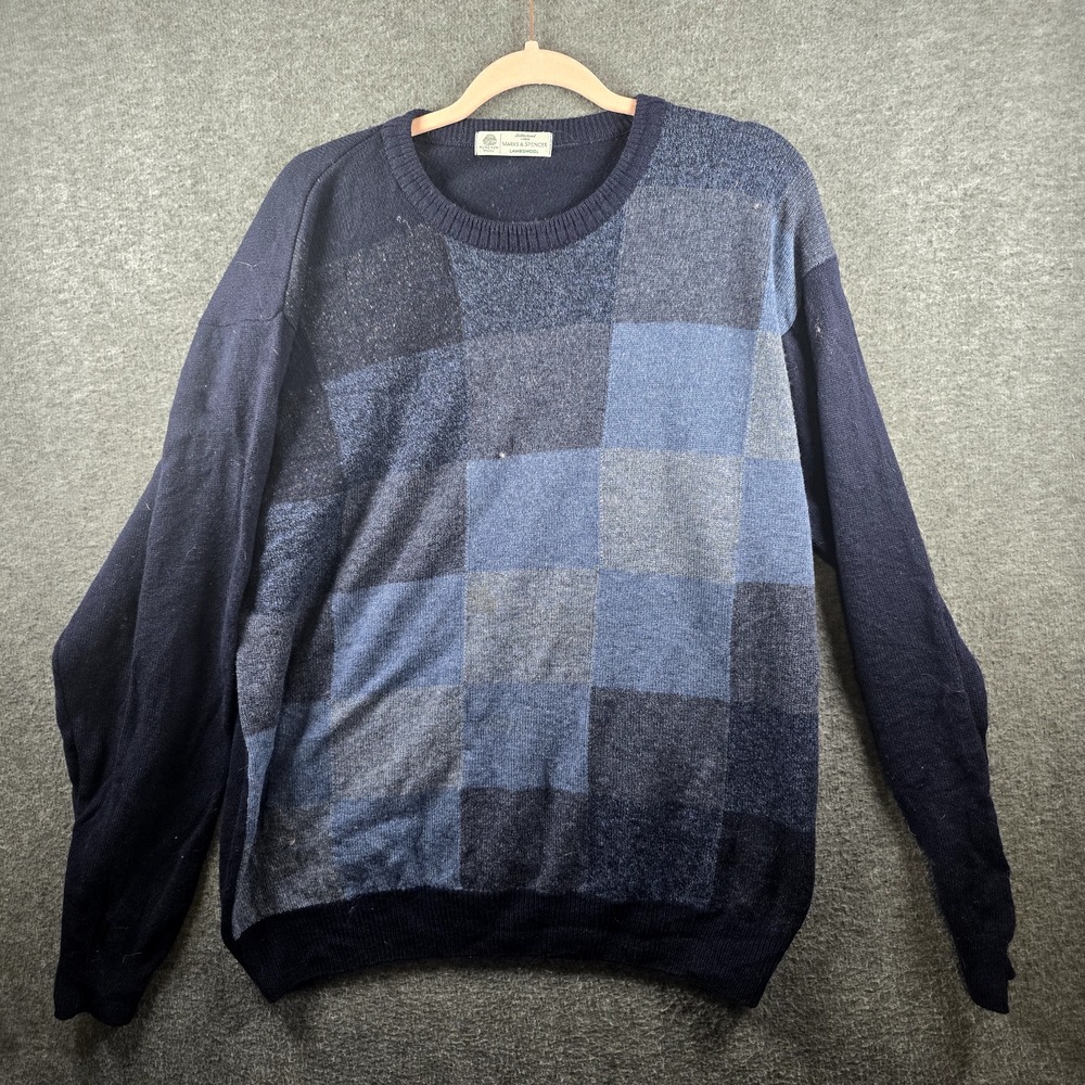 St. Michael Marks And Spencer Men L Navy Blue Large Checkers 100% Lambs Wool UK